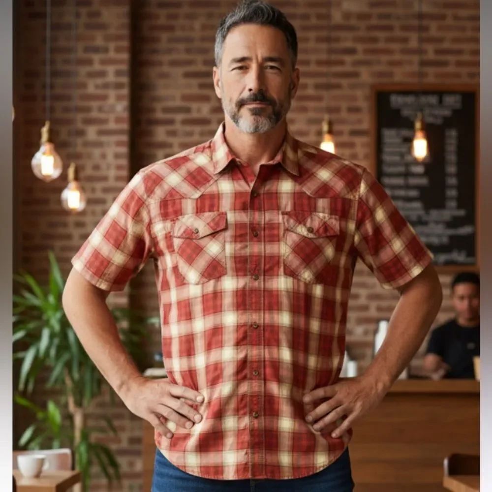 PRANA, short sleeve button down with single breast pocket, men’s XL, slim fit